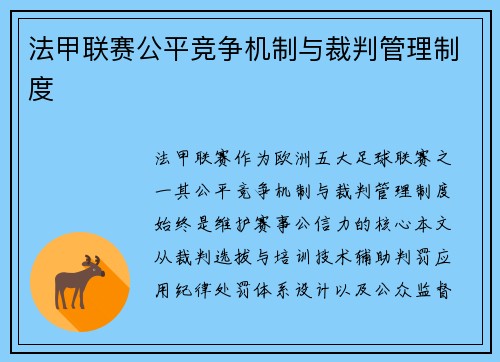 法甲联赛公平竞争机制与裁判管理制度